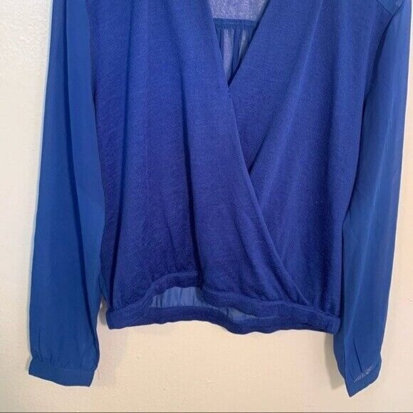 Kiind Of Faux Wrap Blouse Royal Blue Knit Front Sheer Back - Picture 4 of 10